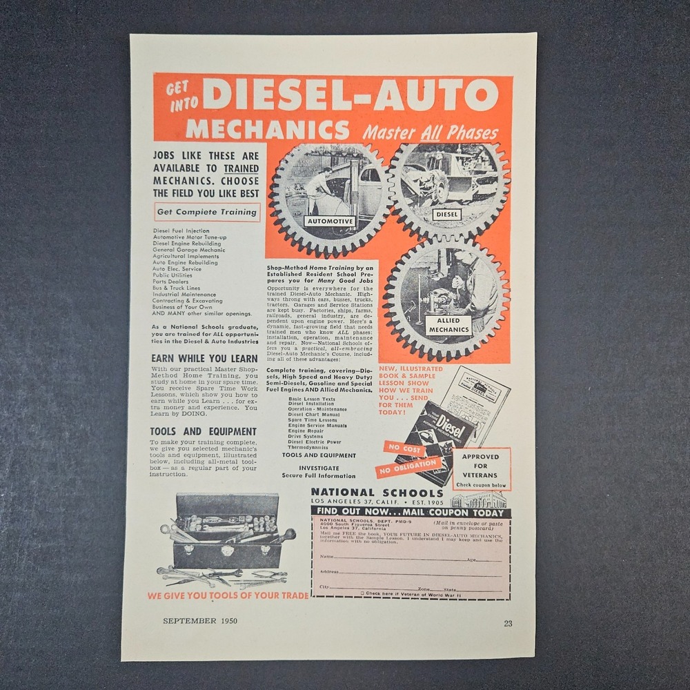1950 National Schools‎ Diesel-Auto Mechanics Vintage Print Ad Los Angeles CA